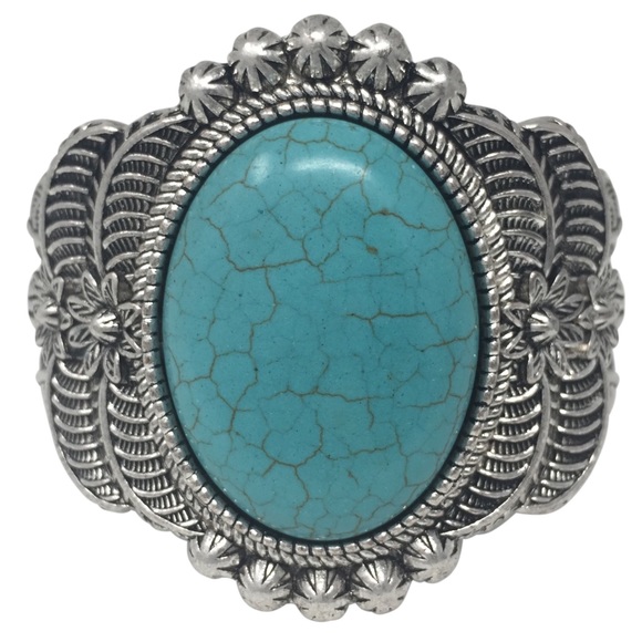 Turquoise Stone Concho Western Style Oval Silver Cuff Bangle Bracelet - Picture 1 of 4